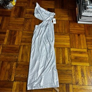 Reformation Shiny Shimmery Silver Abbot Knit One Shoulder Cut Out Dress S NWT